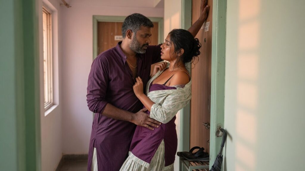 Two fully clothed adults, one adult Indian man and one adult Indian woman in a contemporary Indian city apartment entry.