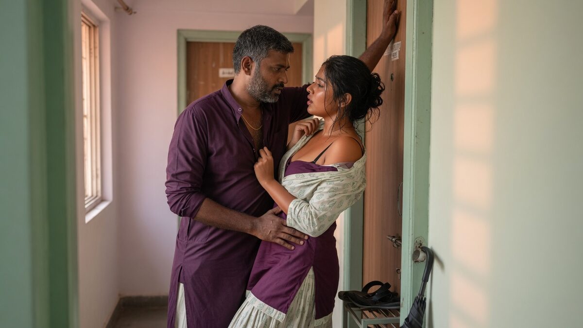 Two fully clothed adults, one adult Indian man and one adult Indian woman in a contemporary Indian city apartment entry.