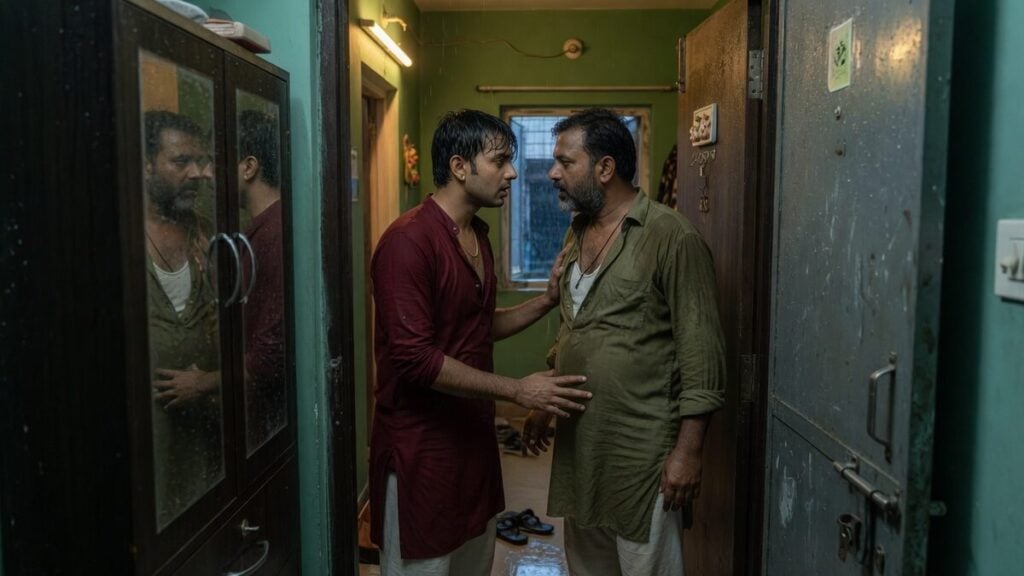 Two fully clothed adults, one adult Indian man and one adult Indian man in an Indian apartment entry.