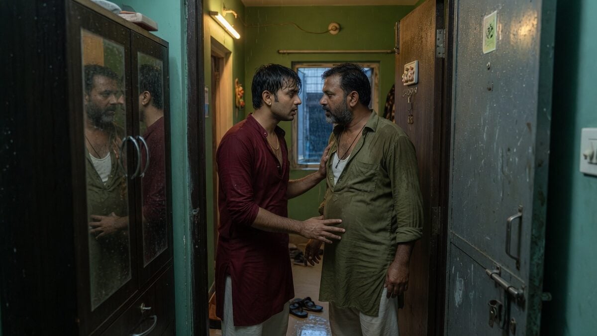 Two fully clothed adults, one adult Indian man and one adult Indian man in an Indian apartment entry.
