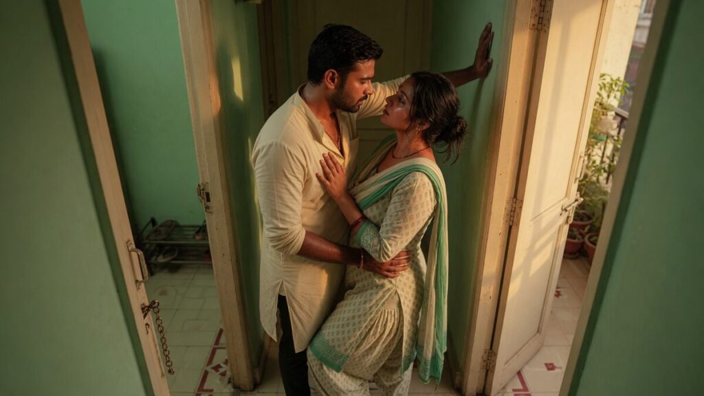 Two fully clothed adults, one adult Indian man and one adult Indian woman in a contemporary Indian city apartment entry.