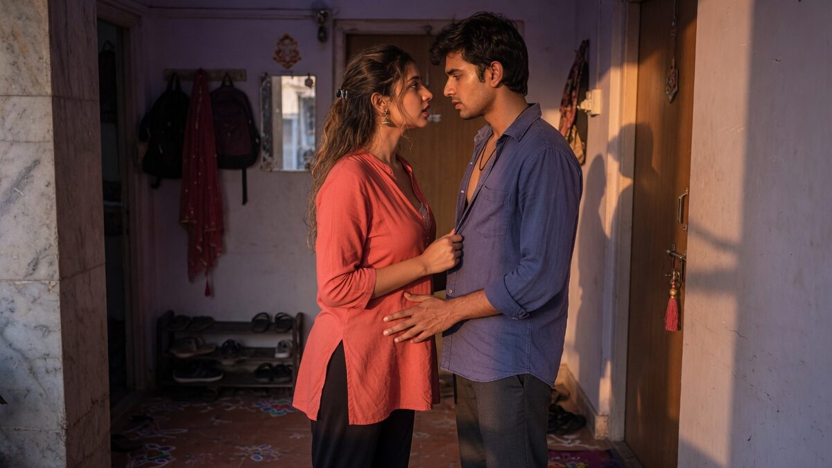 Two fully clothed adults, one adult Indian man and one adult Indian woman in an Indian apartment entry.