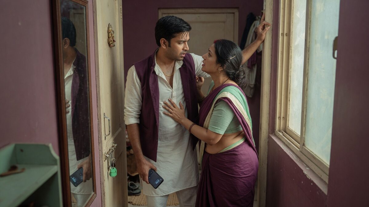 Two fully clothed adults, one adult Indian man and one adult Indian woman in an Indian apartment entry.