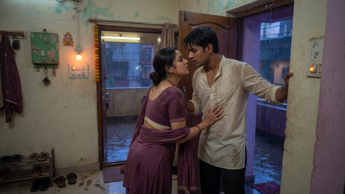 Two fully clothed adults, one adult Indian man and one adult Indian woman in an Indian apartment entry.