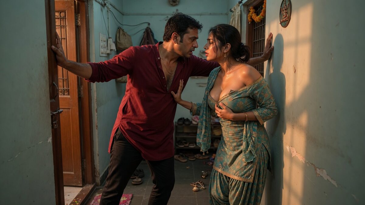 Two fully clothed adults, one adult Indian man and one adult Indian woman in an Indian apartment entry.