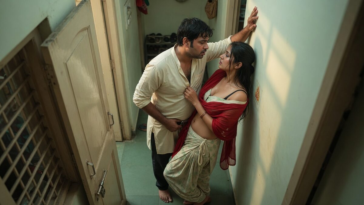 Two fully clothed adults, one adult Indian man and one adult Indian woman in a contemporary Indian city apartment entry.
