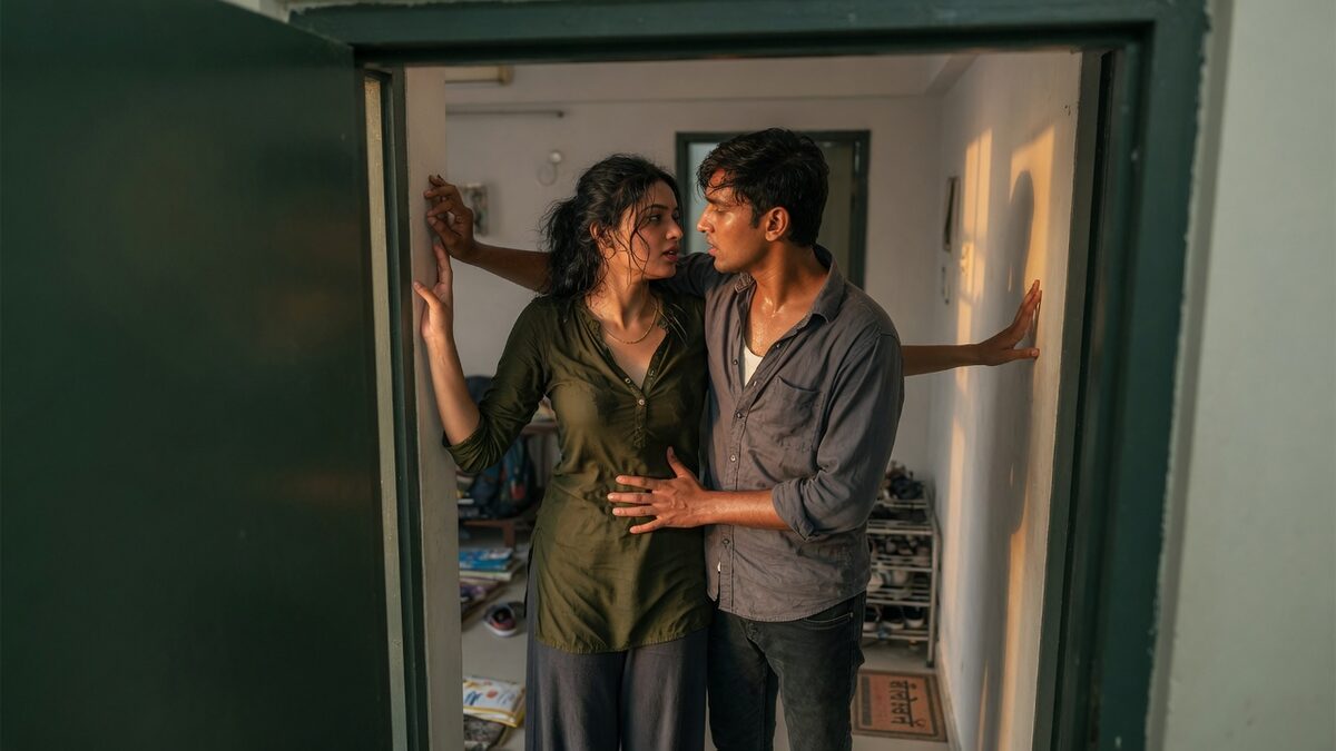 Two fully clothed adults, one adult Indian man and one adult Indian woman in a contemporary Indian city apartment entry.