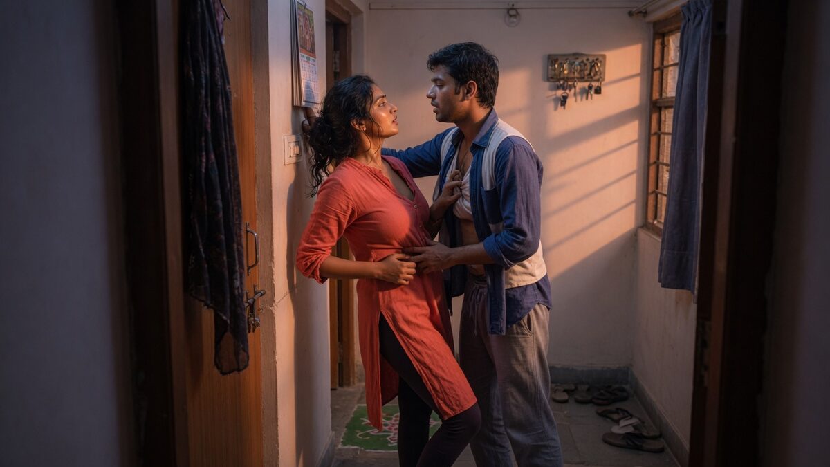 Two fully clothed adults, one adult Indian man and one adult Indian woman in an Indian apartment entry.