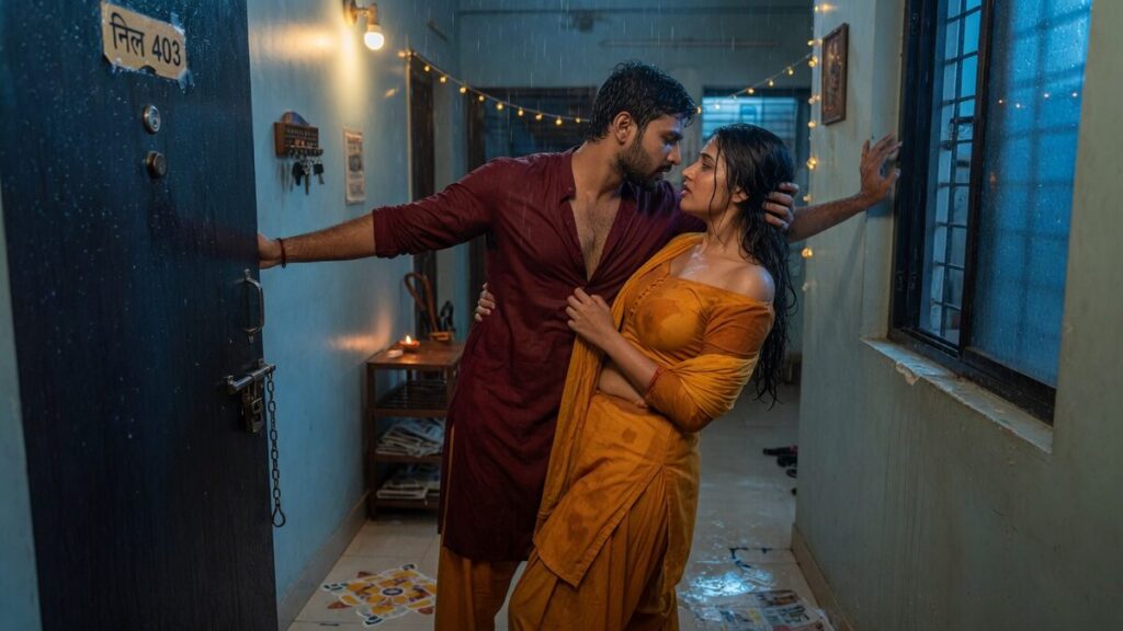 Two fully clothed adults, one adult Indian man and one adult Indian person in a contemporary Indian city apartment entry.