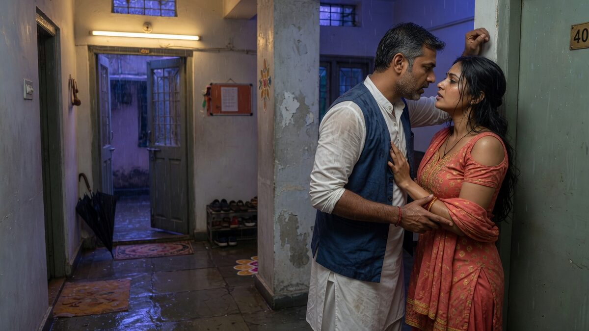 Two fully clothed adults, one adult Indian man and one adult Indian woman in a contemporary Indian city apartment entry.