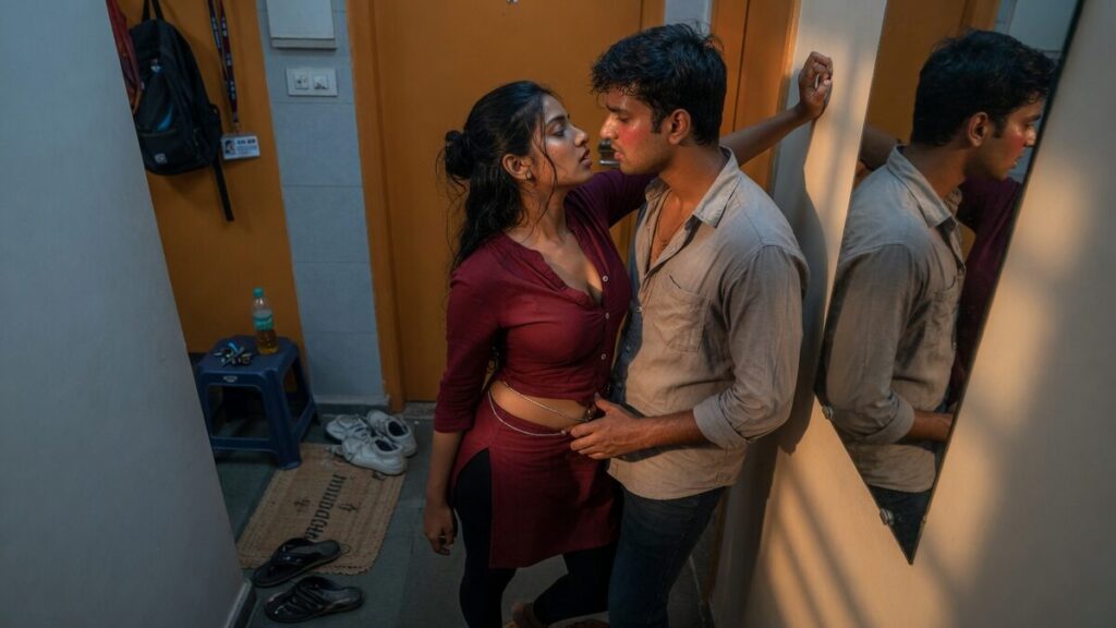 Two fully clothed adults, one adult Indian man and one adult Indian woman in a contemporary Indian city apartment entry.