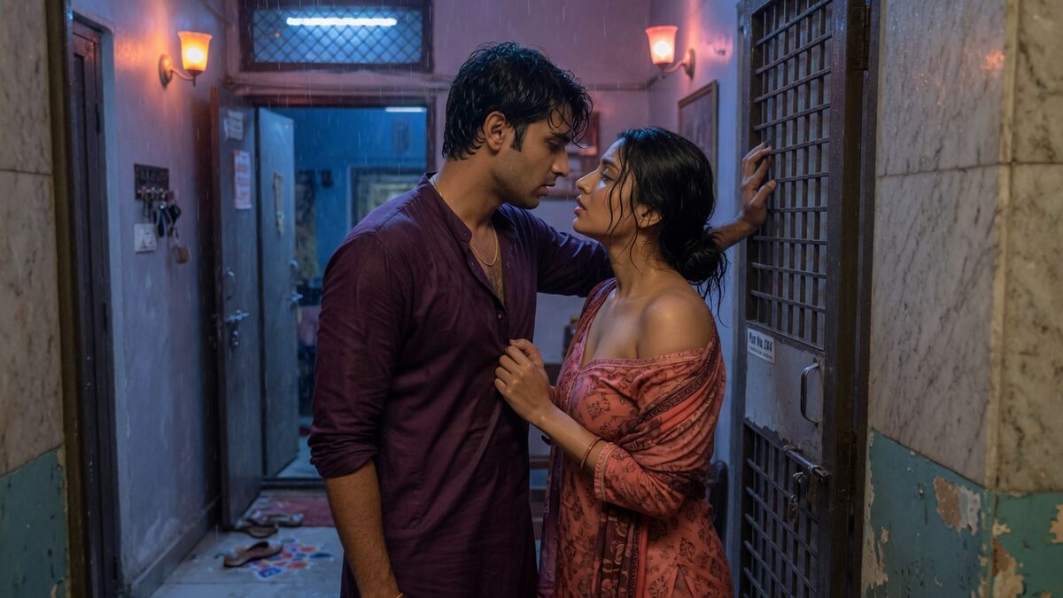 Two fully clothed adults, one adult Indian man and one adult Indian woman in a contemporary Indian city apartment entry.