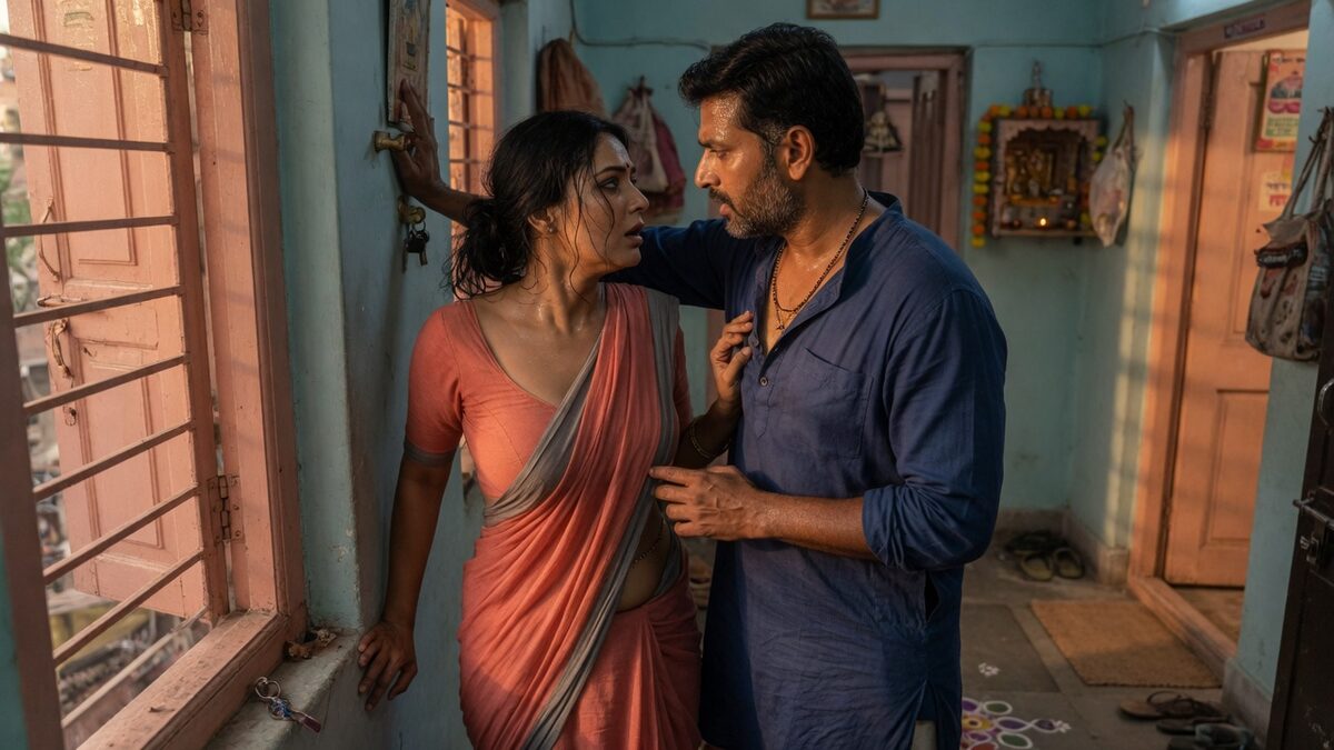 Two fully clothed adults, one adult Indian man and one adult Indian woman in an Indian apartment entry.