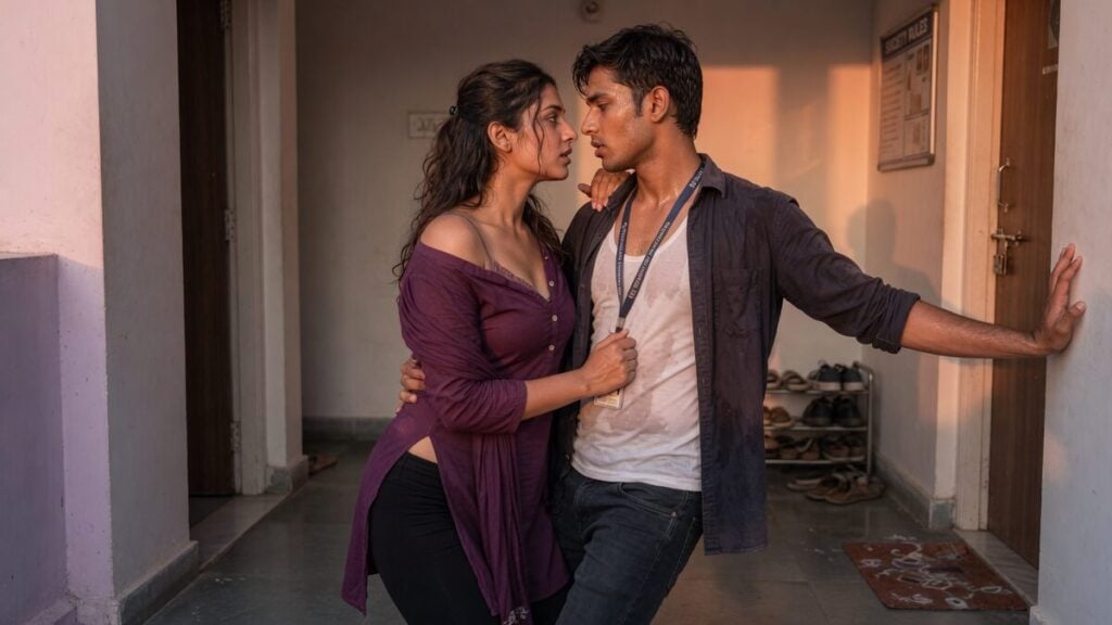Two fully clothed adults, one adult Indian man and one adult Indian woman in a contemporary Indian city apartment entry.