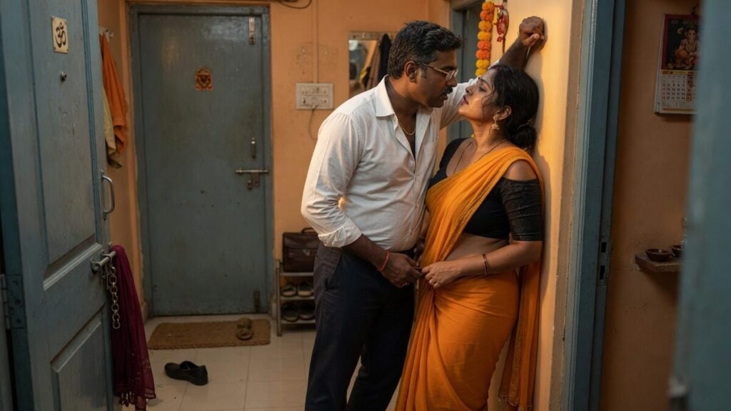 Two fully clothed adults, one adult Indian man and one adult Indian woman in an Indian apartment entry.