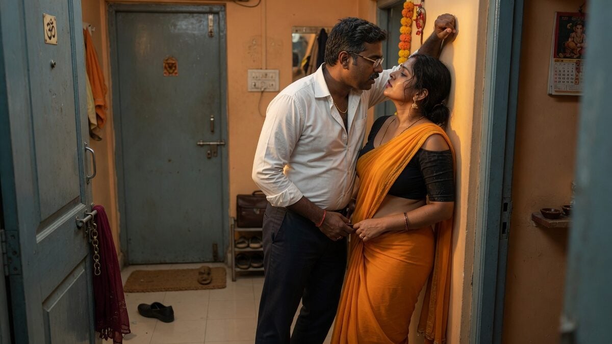 Two fully clothed adults, one adult Indian man and one adult Indian woman in an Indian apartment entry.