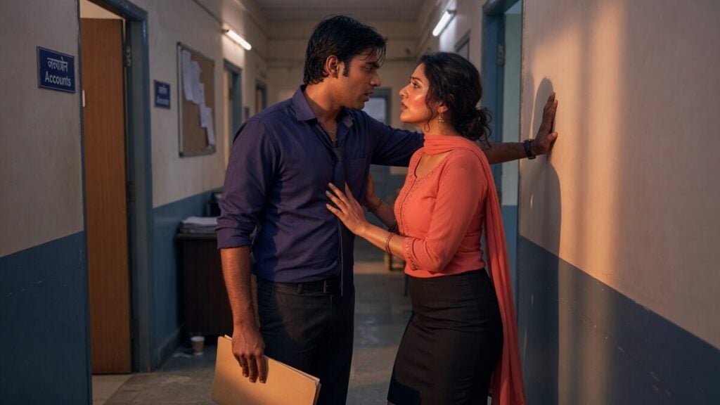 Two fully clothed adults, one adult Indian man and one adult Indian woman in an after-hours Indian office corridor.