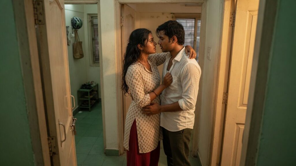 Two fully clothed adults, one adult Indian woman and one adult Indian man in a contemporary Indian city apartment entry.