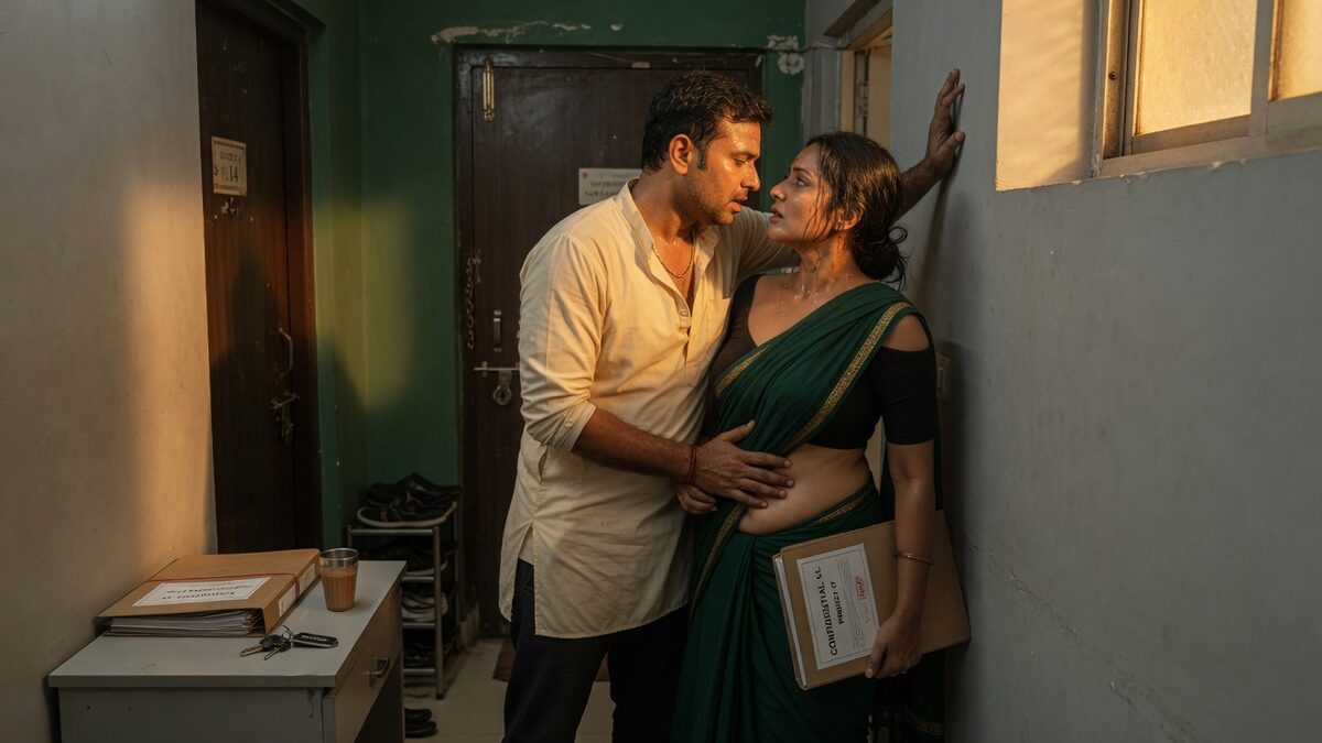 Two fully clothed adults, one adult Indian man and one adult Indian woman in a contemporary Indian city apartment entry.