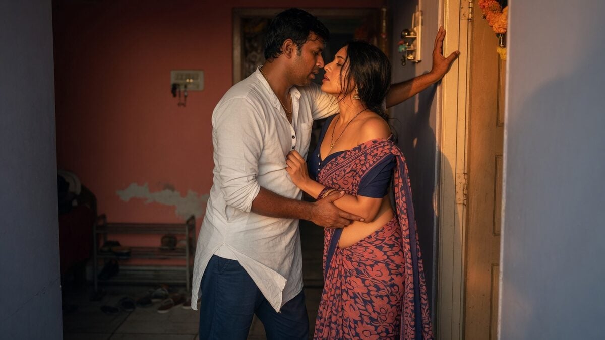 Two fully clothed adults, one adult Indian man and one adult Indian woman in an Indian apartment entry.