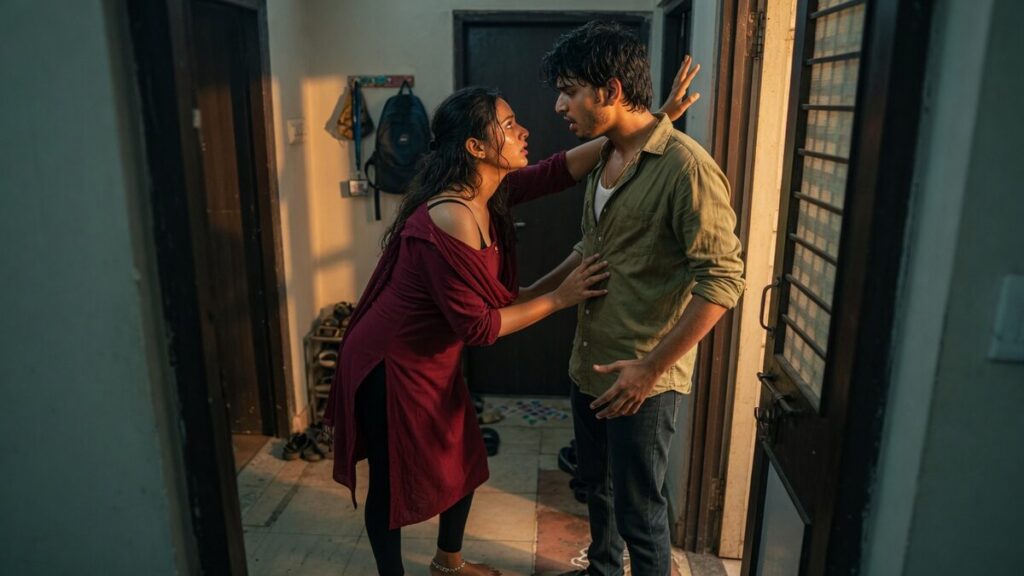 Two fully clothed adults, one adult Indian woman and one adult Indian man in an Indian apartment entry.