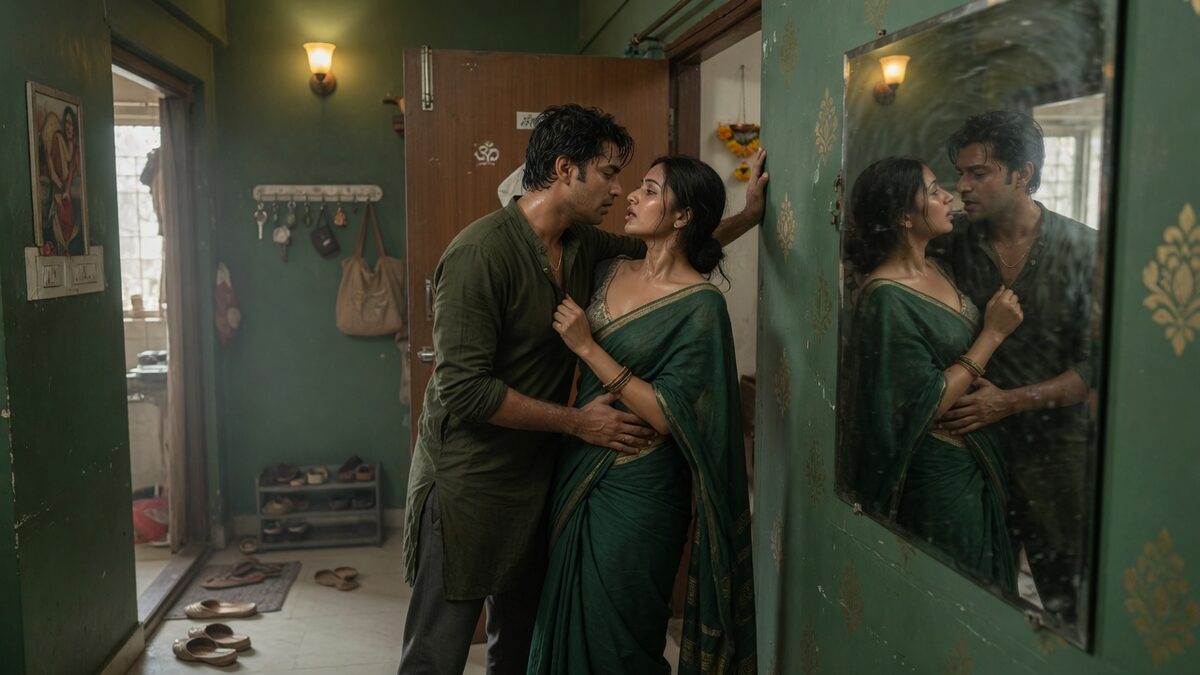 Two fully clothed adults, one adult Indian man and one adult Indian woman in an Indian apartment entry.