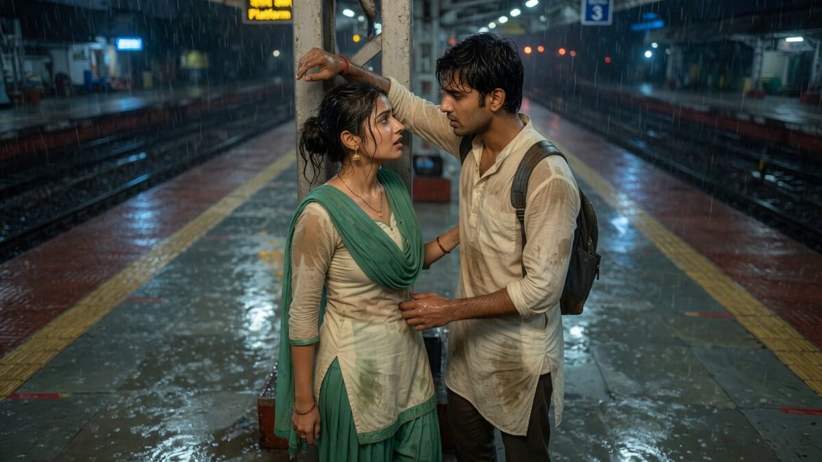 Two fully clothed adults, one adult Indian man and one adult Indian woman in an Indian station platform.