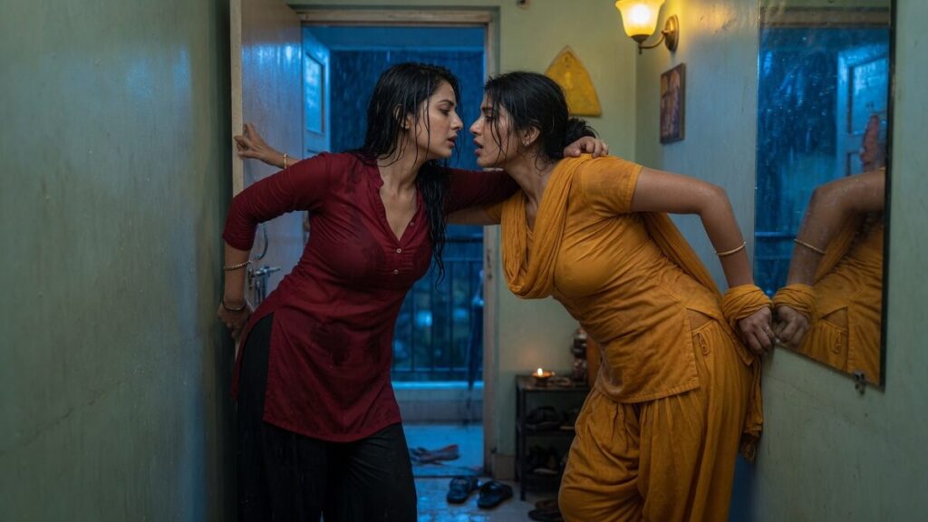 Two fully clothed adults, one adult Indian woman and one adult Indian woman in an Indian apartment entry.