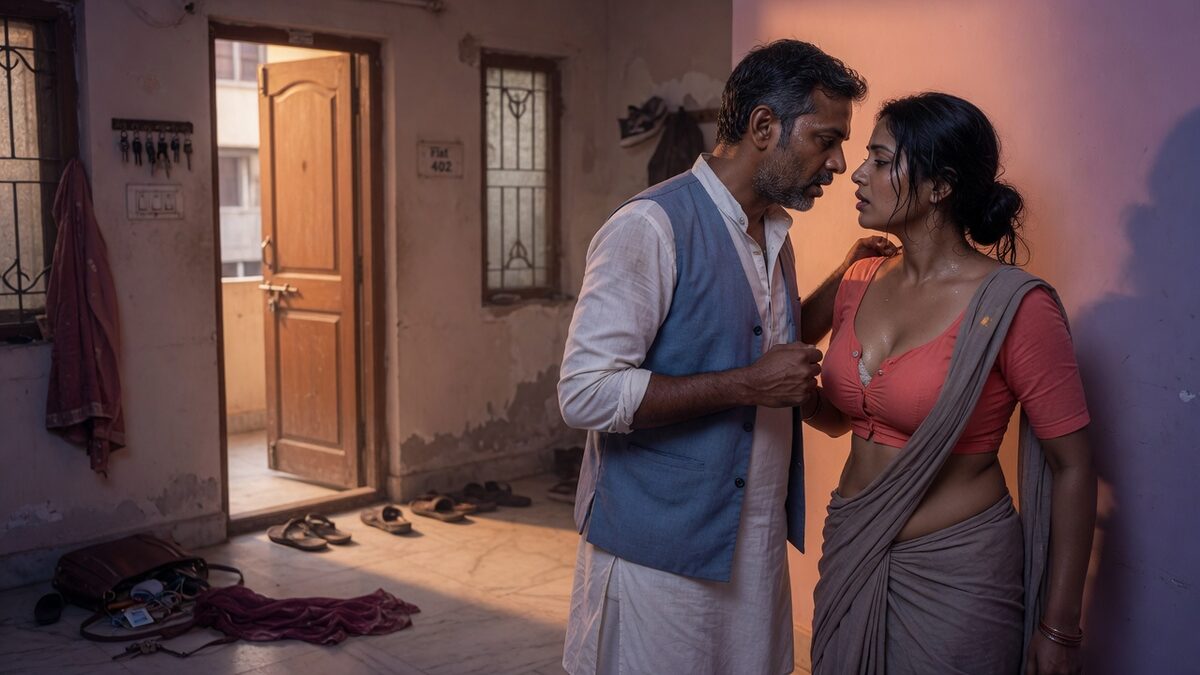 Two fully clothed adults, one adult Indian man and one adult Indian woman in a contemporary Indian city apartment entry.