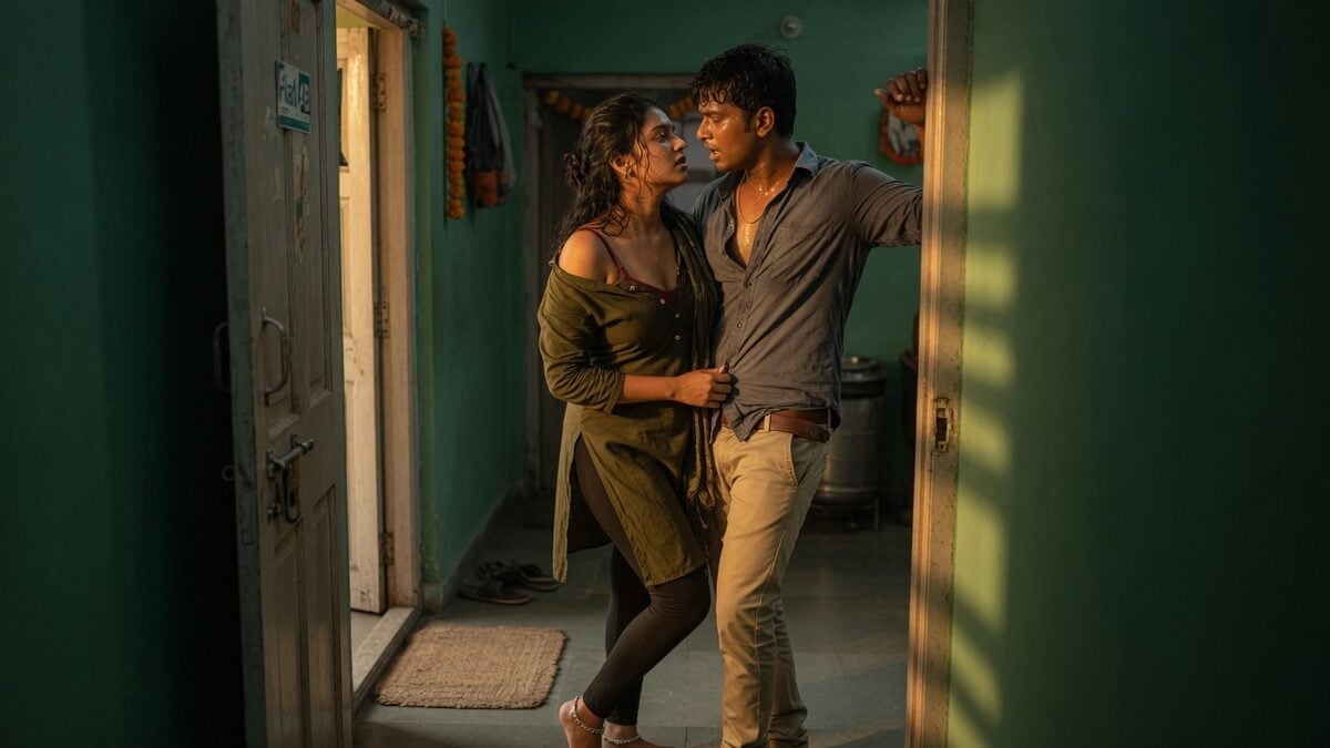 Two fully clothed adults, one adult Indian man and one adult Indian woman in an Indian apartment entry.