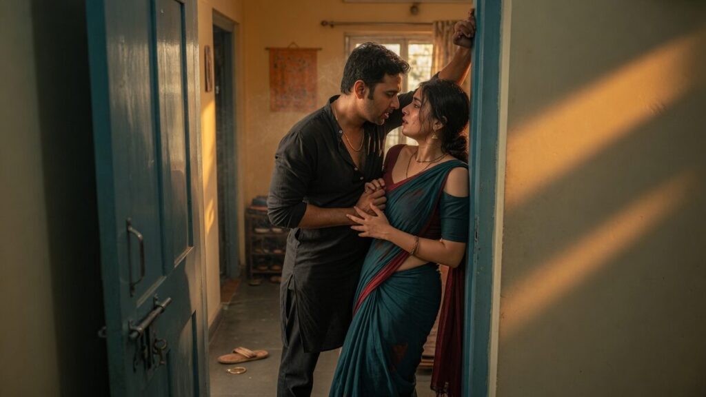 Two fully clothed adults, one adult Indian man and one adult Indian woman in a contemporary Indian city apartment entry.