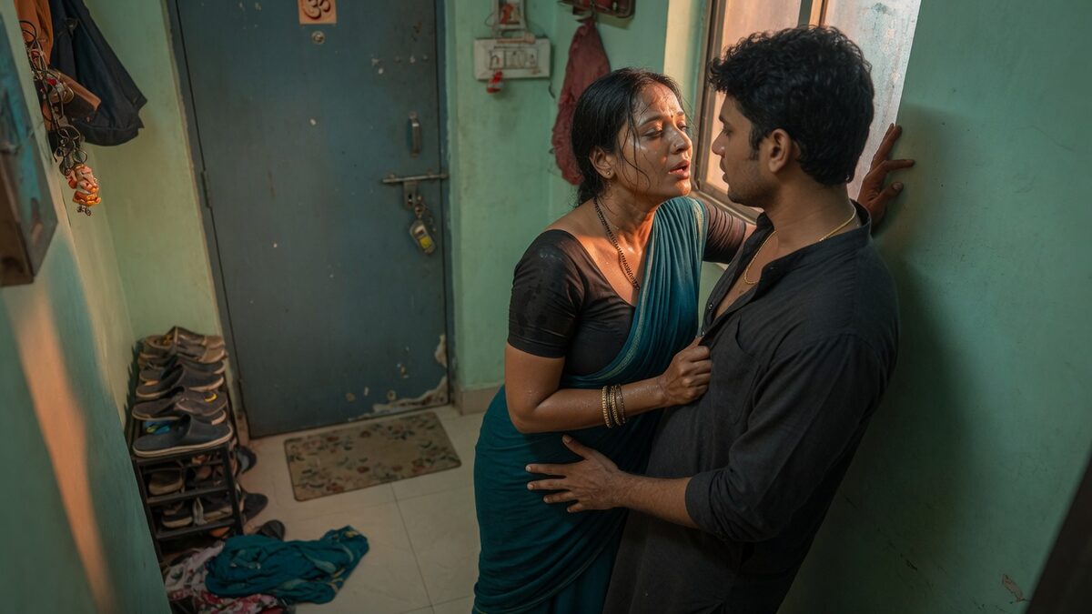 Two fully clothed adults, one adult Indian man and one adult Indian woman in an Indian apartment entry.
