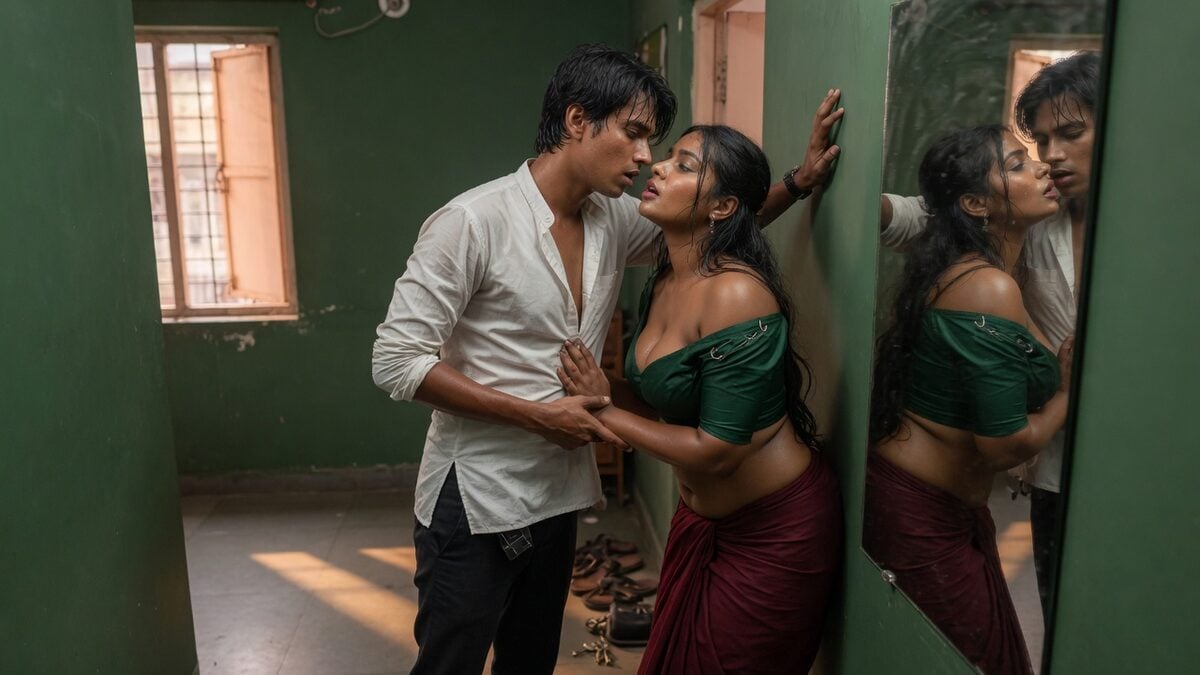 Two fully clothed adults, one adult Indian man and one adult Indian woman in a contemporary Indian city apartment entry.