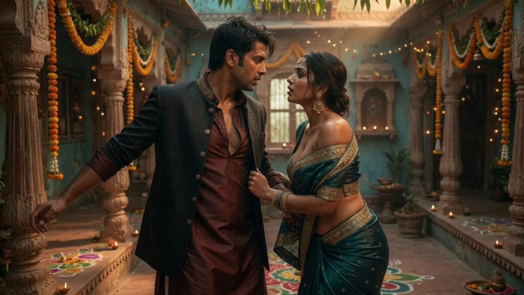 Two fully clothed adults, one adult Indian man and one adult Indian woman in a decorated Indian courtyard.