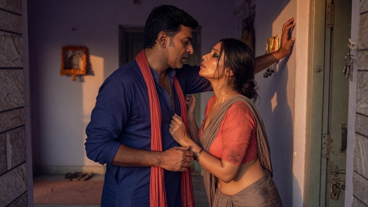 Two fully clothed adults, one adult Indian man and one adult Indian woman in an Indian apartment entry.