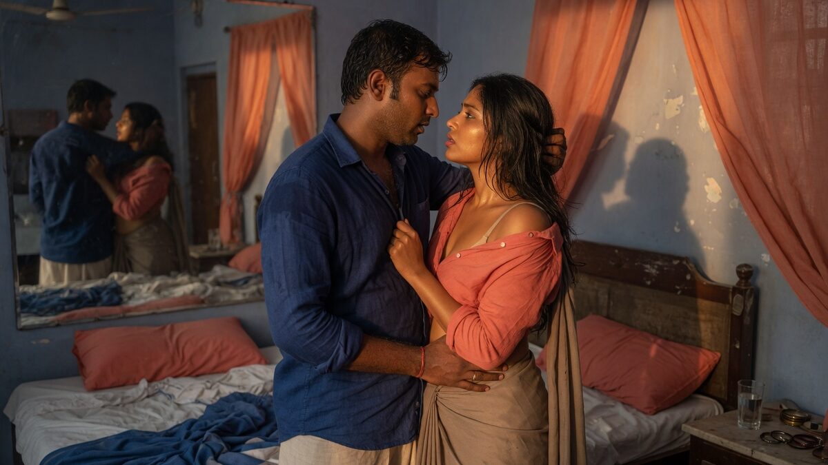 Two fully clothed adults, one adult Indian man and one adult Indian woman in a quiet Indian guest room.