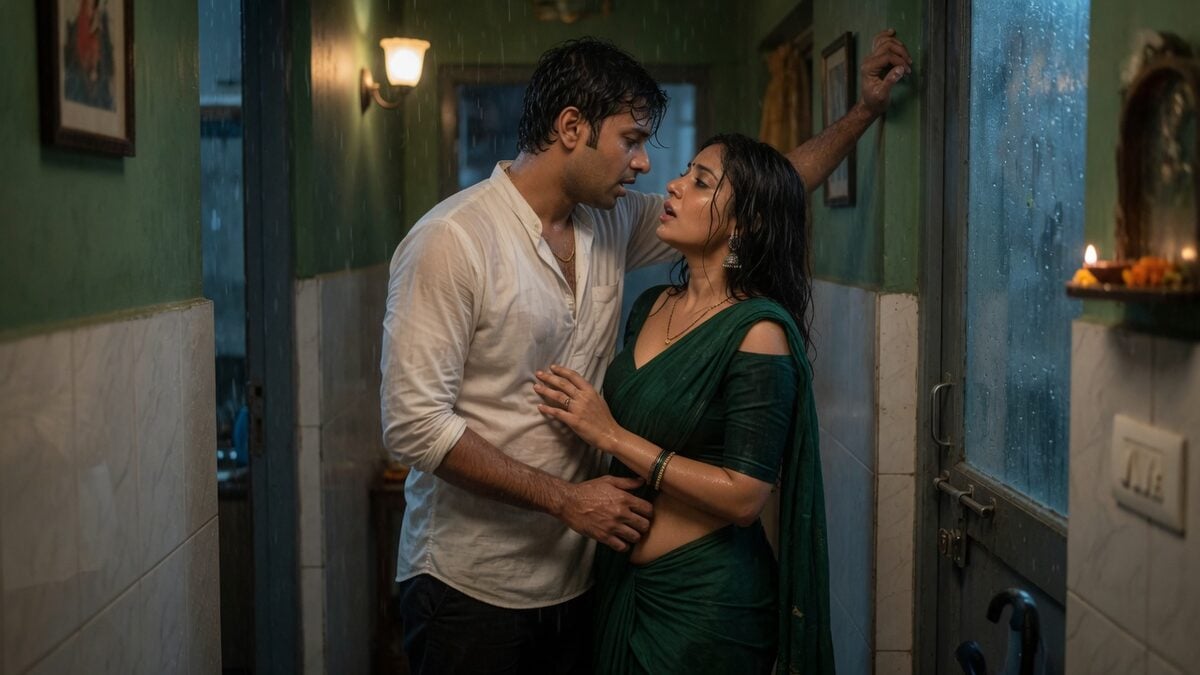 Two fully clothed adults, one adult Indian man and one adult Indian woman in a contemporary Indian city apartment entry.