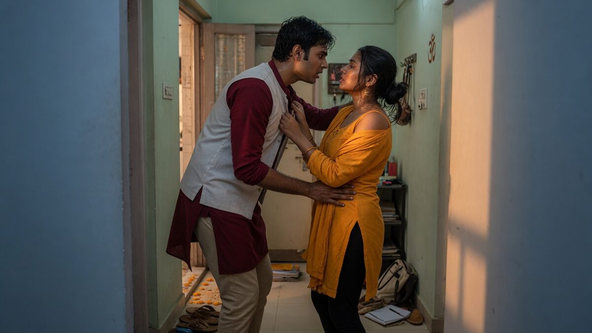 Two fully clothed adults, one adult Indian man and one adult Indian woman in an Indian apartment entry.