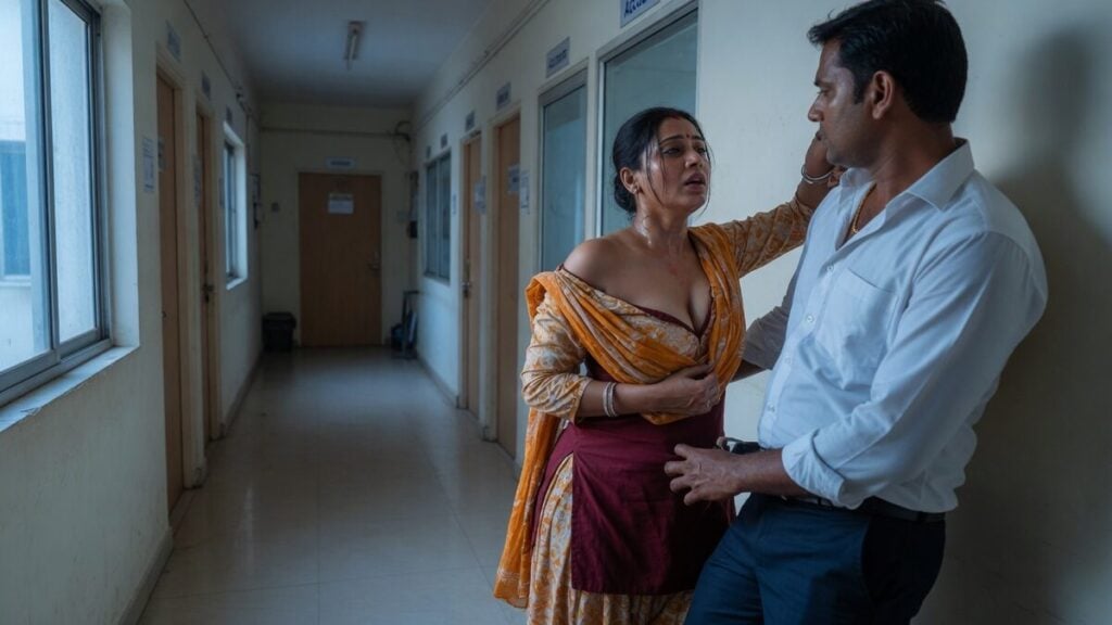 Two fully clothed adults, one adult Indian man and one adult Indian woman in an after-hours Indian office corridor.