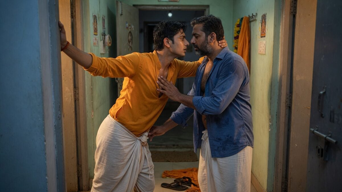 Two fully clothed adults, one adult Indian man and one adult Indian man in an Indian apartment entry.