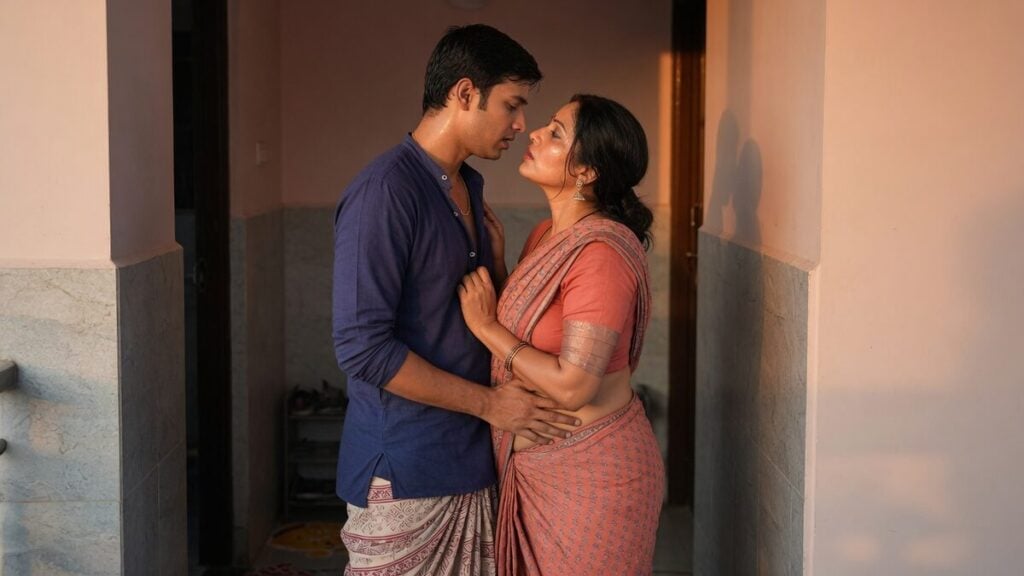 Two fully clothed adults, one adult Indian man and one adult Indian woman in a contemporary Indian city apartment entry.