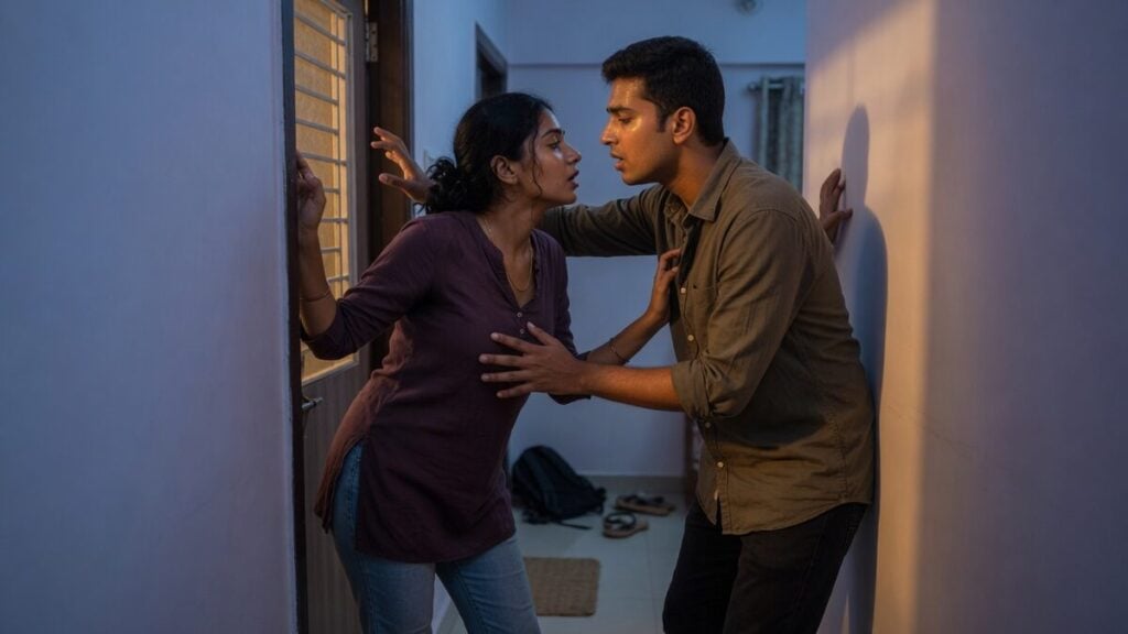 Two fully clothed adults, one adult Indian man and one adult Indian woman in a contemporary Indian city apartment entry.