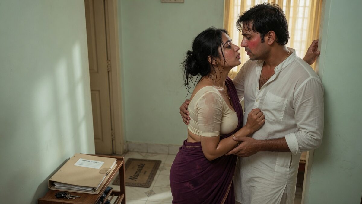 Two fully clothed adults, one adult Indian man and one adult Indian woman in an Indian apartment entry.