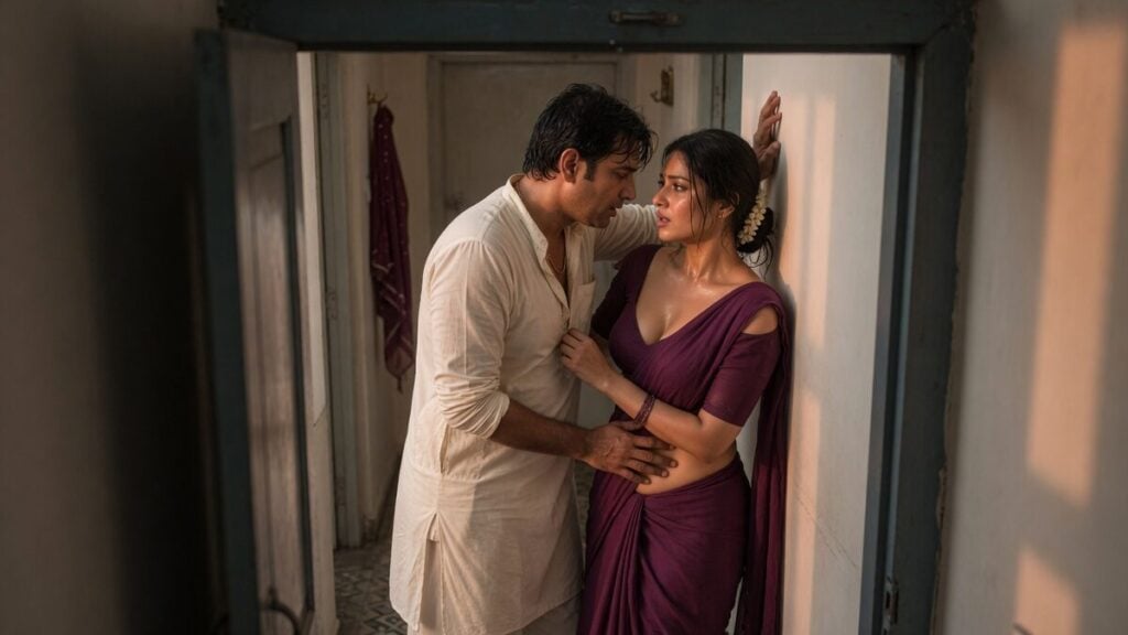 Two fully clothed adults, one adult Indian man and one adult Indian woman in an Indian apartment entry.