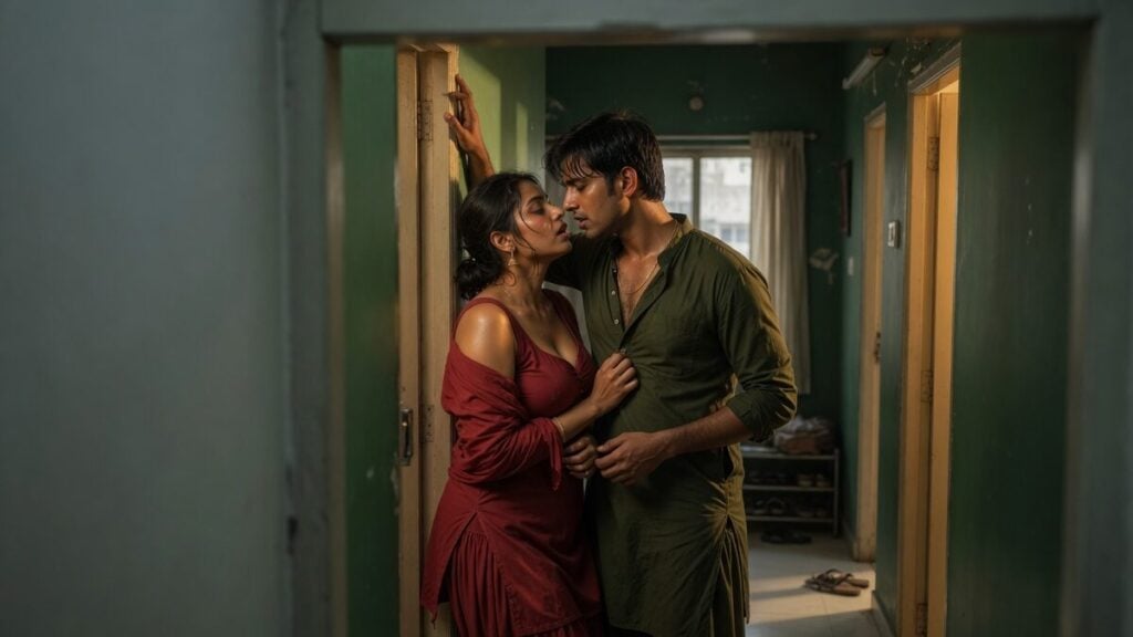 Two fully clothed adults, one adult Indian man and one adult Indian woman in a contemporary Indian city apartment entry.