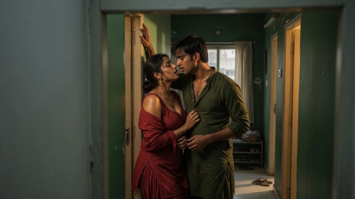 Two fully clothed adults, one adult Indian man and one adult Indian woman in a contemporary Indian city apartment entry.