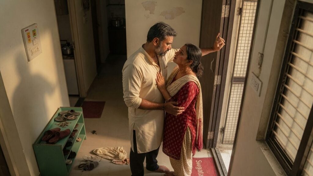 Two fully clothed adults, one adult Indian man and one adult Indian woman in a contemporary Indian city apartment entry.