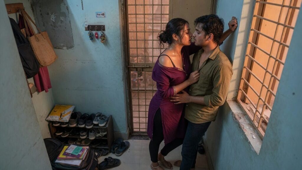 Two fully clothed adults, one adult Indian man and one adult Indian woman in an Indian apartment entry.