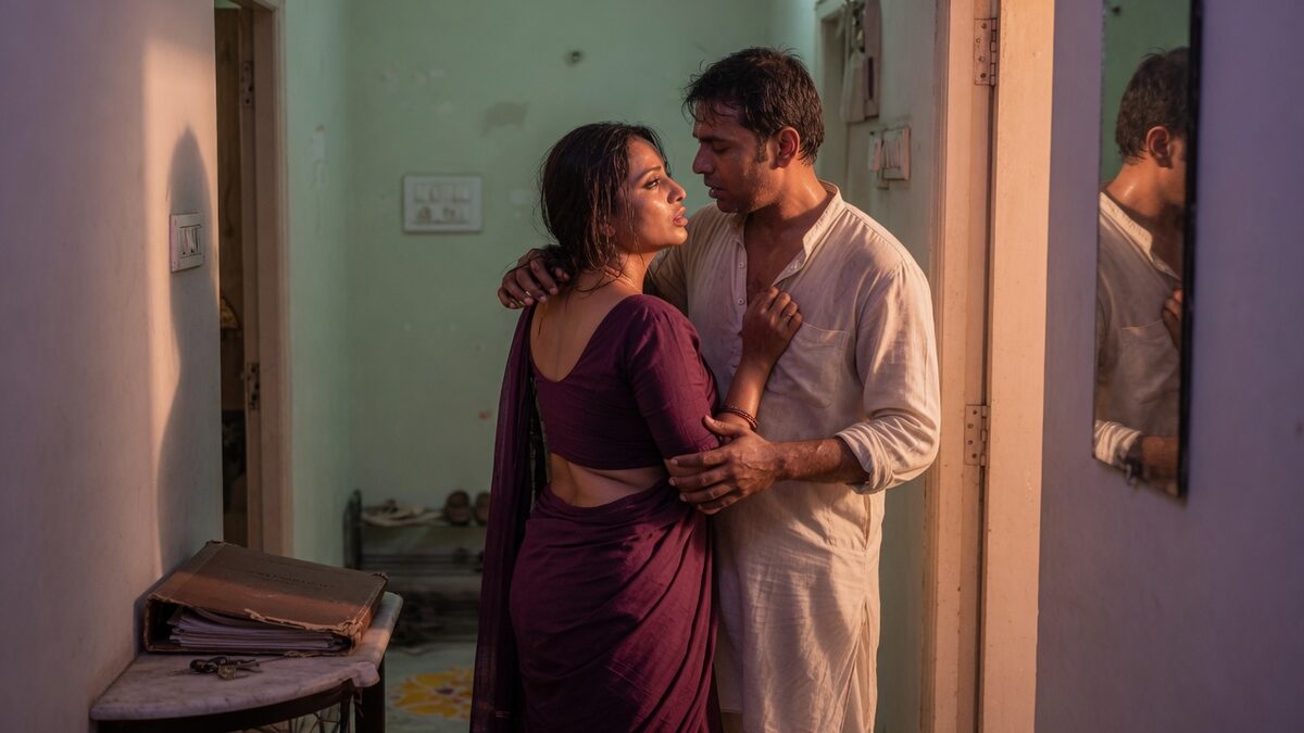 Two fully clothed adults, one adult Indian man and one adult Indian woman in an Indian apartment entry.