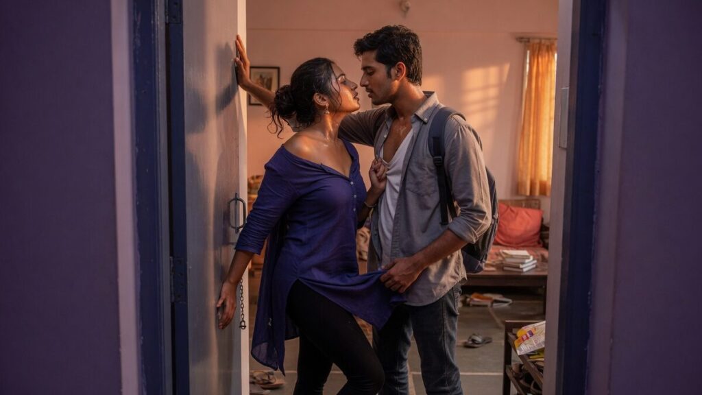 Two fully clothed adults, one adult Indian man and one adult Indian woman in a contemporary Indian city apartment entry.